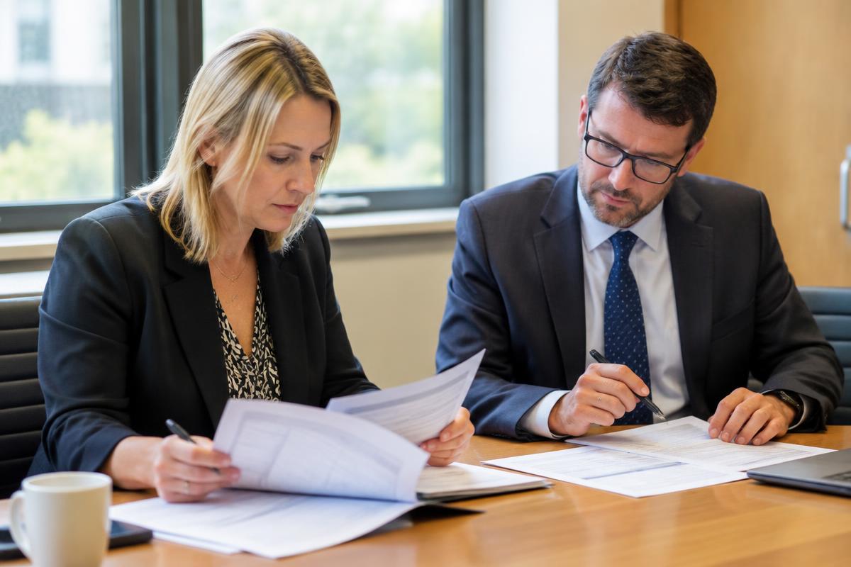 Two procurement professionals reviewing and scoring bid documents at a meeting table
