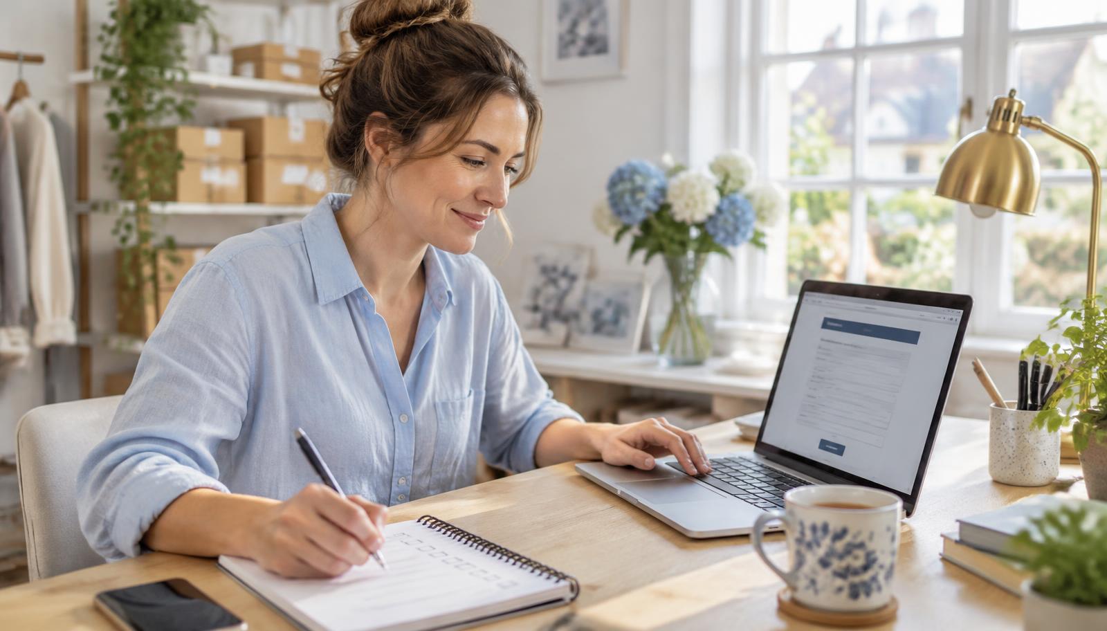 A small business owner working through a registration checklist at her laptop